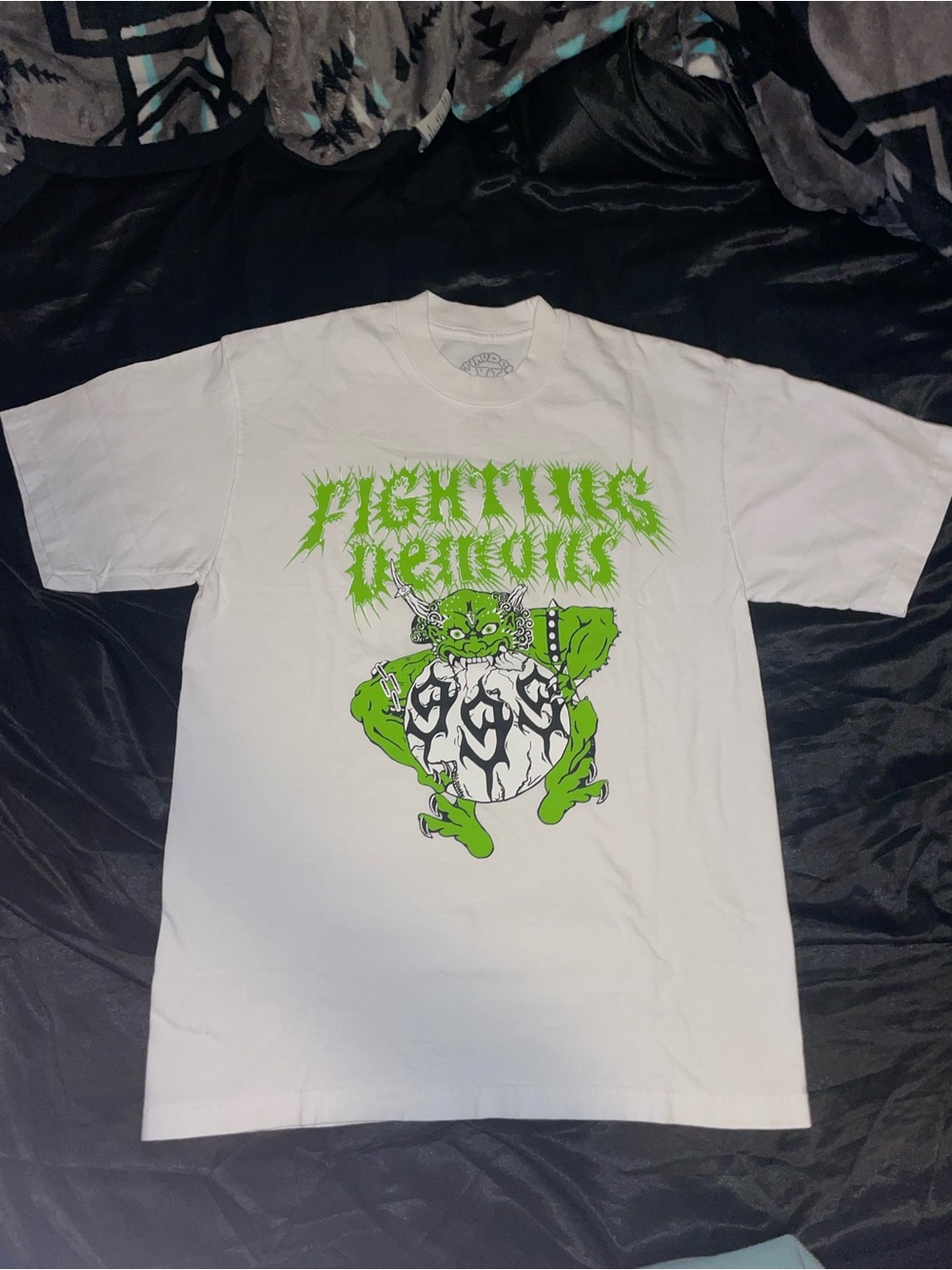 VLONE White Tee with Neon Green Demon Graphic
